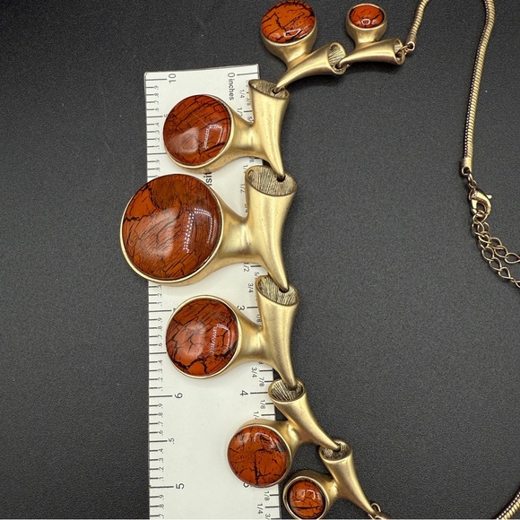 Brutalist Brushed Gold and Marbled Orange Jewelry Set of Earrings and Necklace - Picture 14 of 17